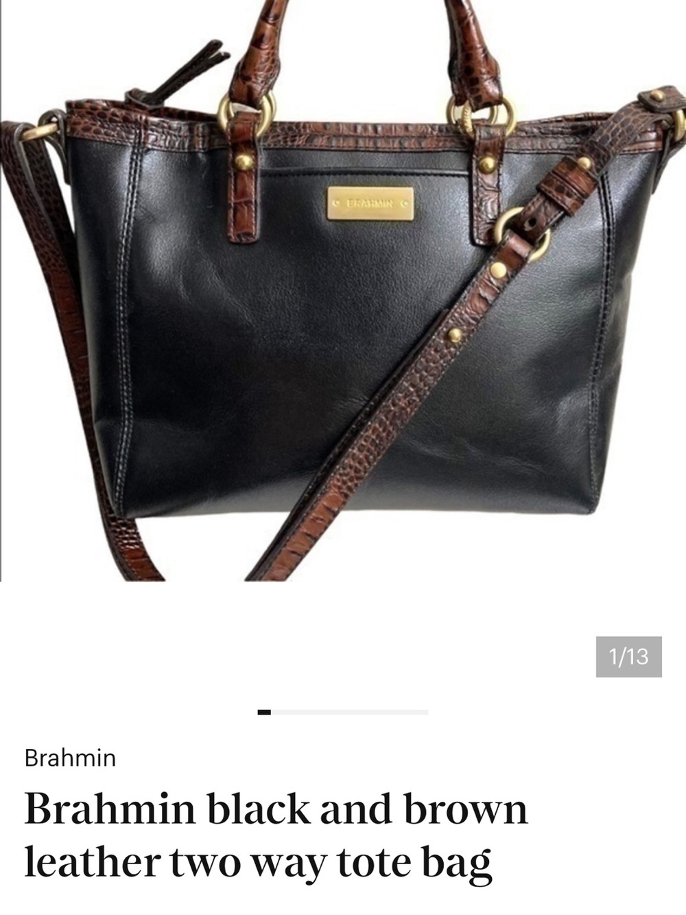 Brahmin Black Leather Tote with Brown Croc-Accent Straps